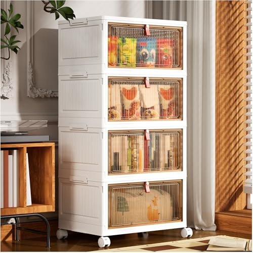 PurKeep Storage Boxes with Lid - 28L*4 Tier Plastic Storage Box with Lid | Stackable Storage Boxes with Wheels,Plastic Storage Drawers with Front Door, Plastic Box for Home and Office, White, 4 Packs
