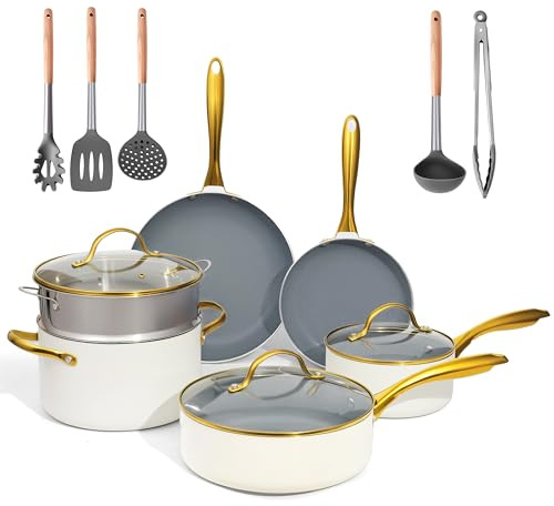 Keramiskt matlagningssats, hälsosamma, kastruller och pannor set med lock, non-stick belagd (utan PFAS, PFOA), kök, induktion, ugnssäker, diskmaskin, beige/vitt guld (grädde, grå, guld)