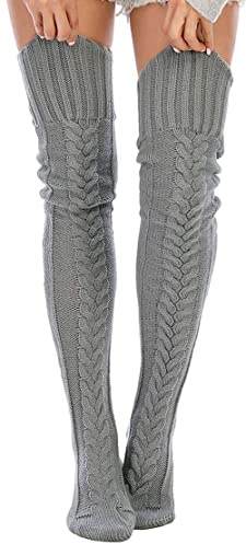 PPGGOPP Calcetines Altos Hasta el Muslo,Calcetines Largos Hasta la Rodilla Mujer,Calcetines Hasta la Rodilla de Algodón,Cable Cálido de Punto de Lana Calcetines Medias Mujer para OtoñoE Invierno