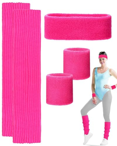 ZAMXHUG Party Fashion,Set di 5 fasce antisudore, con fascia per la fronte e 2 braccialetti e 2 Maniche per le gambe, accessori sportivi, per tuta da ginnastica anni '80(Rosa rossa)