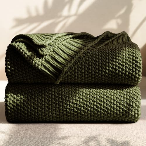 blunique 100% Cotton Cable Knit Throw Blanket, Lightweight Soft Knit Blanket for Sofa Couch Bed, Breathable All-Season Throw, Cozy Decorative Blanket, 50 x 60 Inch,Olive Green