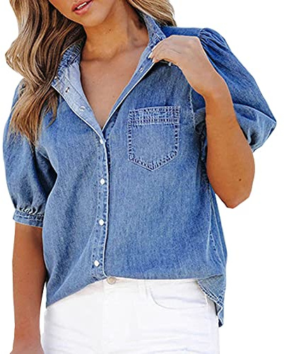 EODJXIO Bluse e Camicie da Donna Mezza Manica Camicia Donna in Denim con Maniche Corte a Sbuffo e Design Moderno per Un Casual e Femminile