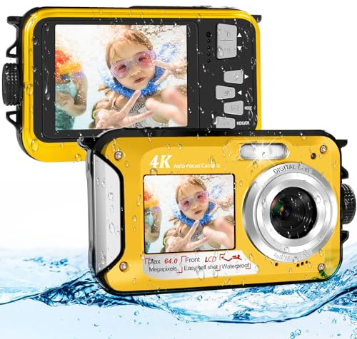 64MP Macchina Fotografica Subacquea Con Scheda Di Memoria Da 32 GB, 4K Fotocamera Subacquea Con Autofocus E Doppio Schermo Selfie HD, 5 Metri Fotocamera Subacquea Digitale (2 Batterie)