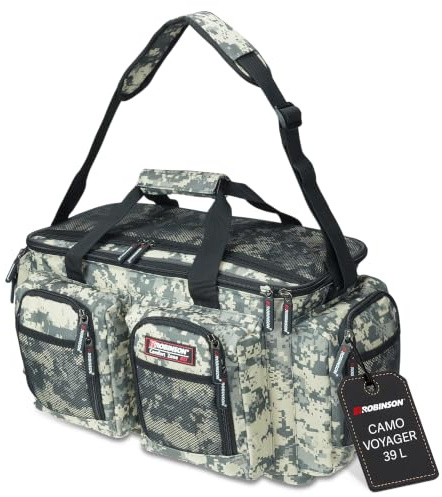 Robinson Angeltasche - Tackletasche mit Schaumpolsterung, Strapazierfähiges Reißfestes Material, Verstellbarer Tragegurt, Mehrere Außentaschen - Camo Voyager (XL (39L) - 61x24x37cm)