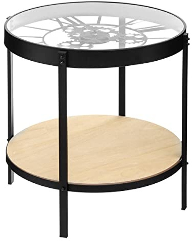 Atmosphera - Mesa Auxiliar con Reloj mecánico de Estilo Industrial, diámetro 50 x Alto 51 cm, Color Negro, Madera, Tablero de Cristal - para Sala de Estar, Mesa Auxiliar
