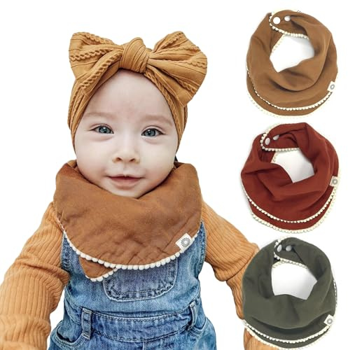Kishu Baby Indi Fairtrade Certified Organic Infinity Scarf Bib Set - 4-Way Reversible, 8 Layer Muslin Drool Bibs (Rust, Caramel, Dark Olive)
