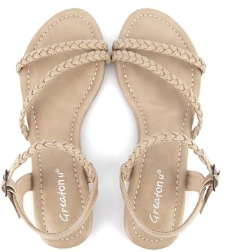 Greatonu Women's Flat Sandals Summer Braided Slip On Gladiator Sandals Open Toe Strappy Slingback Shoes Beige Size 9