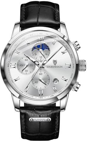 LIGE Chronograph Watch for Men Wrist Leather Analog Dress Waterproof Vintage Work Casual Unique Retro Quartz Date Moon Phase Display Luminous 3ATM Water Resistant Mens Watches,Silver White