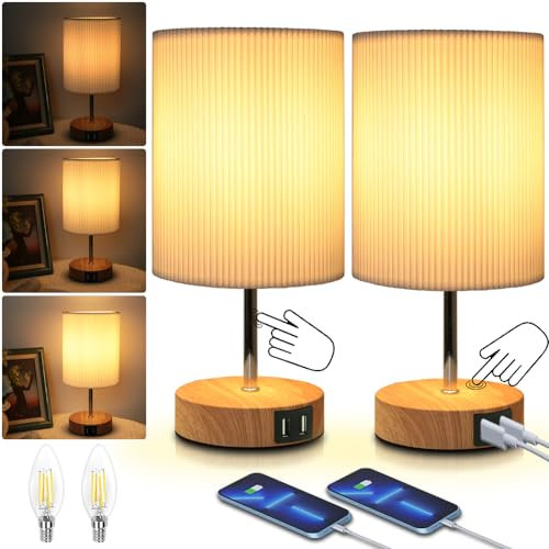 Nachttischlampe 2er Set: LED Tischlampe mit 2 USB Schnellladeanschlüssen & Touch dimmbare Glühbirne 3 Helligkeitsstufen Einstellbar Schreibtischlampe minimalistische für Lesen Wohnzimme
