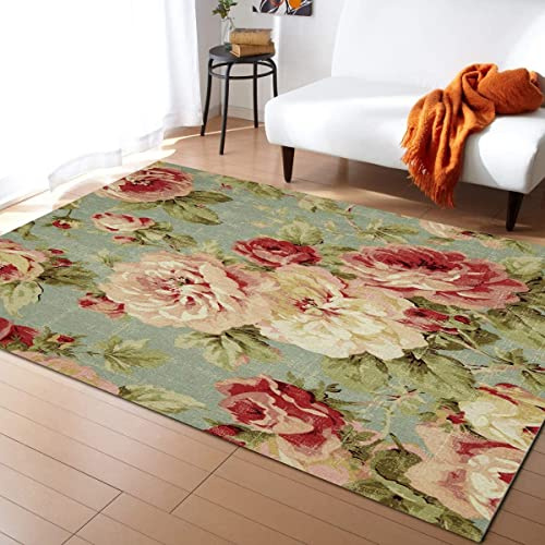 TEMLAN Vintage-Rose Teppiche Gegend, Rote Rosa Rosenblume Kurzflor Waschbar für Küche und Balkon Dekor Schlafzimmer Wohnzimmer Bodenteppich 60 x 90cm