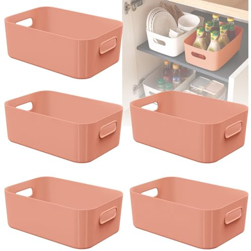 W&H 5 PCS Pink Plastic Storage Boxes, Small Plastic Storage Baskets with Handle, Home & Kitchen Organiser Box, Cupboard Baskets for Kitchen, Bathroom, Office, Home - 21×14×7cm