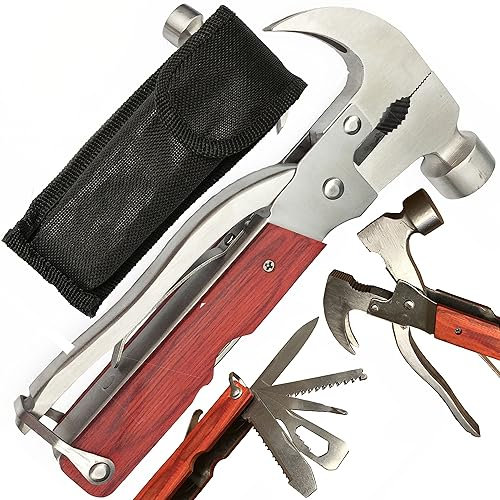 Retoo Multitools, Multifunktionale Zange, Taschenwerkzeug Faltbares, Geschenke Multifunktionale Zange mit Notfallhammer, Klappmesser, Taschenmesser für Mann, Camping, Reparieren, Edelstahl, Holz