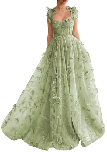 YUAOHUANG Robe de Bal Longue en Tulle avec Motif Papillon, Robe de Bal pour Femme, Robe de Bal de fée, Robe de Bal, Vert Sauge, 38