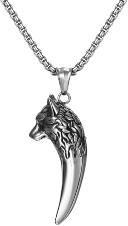 OIDEA Collar Diente Lobo Hombre: Colgante Vikingo Vintage de Plata de Acero Inoxidable Cabeza de Lobo Antialérgico Hipoalergénico - Para Uso Diario Regalo