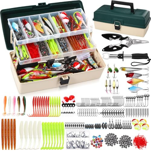 RoundFunny 517 Pcs Large 3 Layers Tackle Box with Tackle Fishing Lures Kit Included Pliers, Fish Lip Gripper, Crankbait, Hooks, Other Accessories Fishing Bait Gear Kit for Men(Dark Green Milky White)
