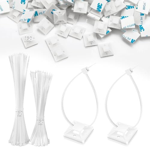 Juego de 300 bridas blancas de 120 mm/150 mm y 150 unidades para bridas de cables, de nailon, para bridas autoadhesivas, resistentes a los rayos UV para fijación de cables