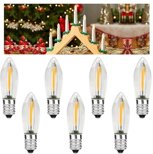 MZYOYO 7 Stück E10 LED Glühbirne,AC 14V-55V LED Spitzkerzen für Schwibbogen,E10 LED Kerzen Birnen für Schwibbogen,LED 2100K Warmweiß,0,2W,3LM