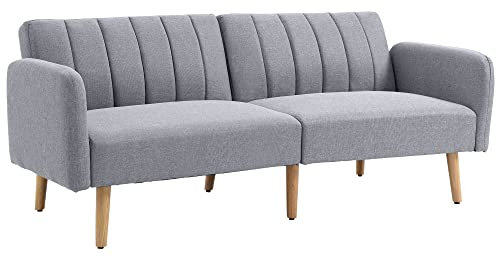 HOMCOM Schlafsofa, 2-Sitzer Sofa mit Schlaffunktion, Verstellbare Rückenlehne, Dick Gepolsterte Couch, Armlehne, Schlafcouch mit Holzbeine für Wohnzimmer, Gästezimmer, 173 x 75 x 73 cm, Hellgrau