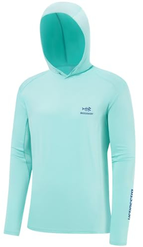 BASSDASH Herr UPF 50+ dragsko fiske huvtröja skjortor UV solskydd långärmad utomhus vandring huva t-shirts FS33M, Sjöskum/levande blå logotyp, L