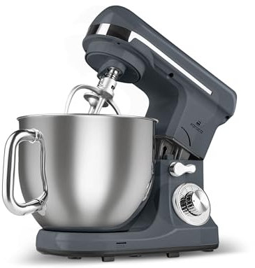 Karaca Blendburst Robot Cuisine Multifonctions 1400W, 6 Vitesses, Robot Pâtissier Bol en Acier Inoxydable 5,7L, Pétrin en Fonte, Fouet, Crochet, Couvercle Anti-Éclaboussures, Gris