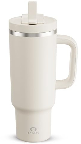ENCOOL 40 oz Tumbler with Handle and Straw: Stainless Steel Insulated Tumbler Keeps Cold for 24 Hours, Leakproof Travel Cup Fits in Cup Holder and BPA-Free, Cream Moon