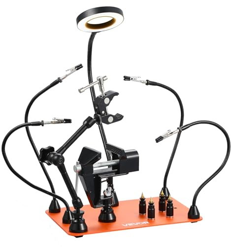 VEVOR Troisième Main Soudure à 4 Bras, Station Aide de Soudage Magnétique, avec Étau, Lampe Loupe LED 3X, Support de Circuit Imprimé, Support de Pistolet à Air Chaud 360°, pour Réparation Électronique