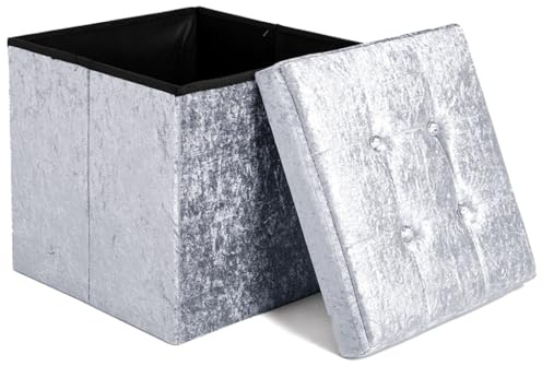 Home Republic Crushed Velvet Ottoman Storage Box – Foldable Cube Ottoman with Lid – Multipurpose Toy Chest, Foot Rest, Bench Seat & Nursery Storage Solution (Silver, 38W)