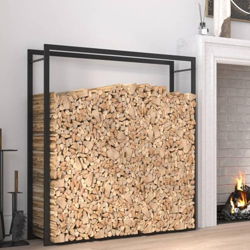 Gecheer vedhylla, mattsvart, 110 x 28 x 116 cm, stål, stor vedhylla för trälager, eldstad, trädgård, uteplats, utomhus och täckt veranda