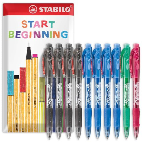 STABILO maraton – infällbar kulspetspenna – fina 0,7 mm spetspennor (svart, blå, grön, röd, 10-pack)