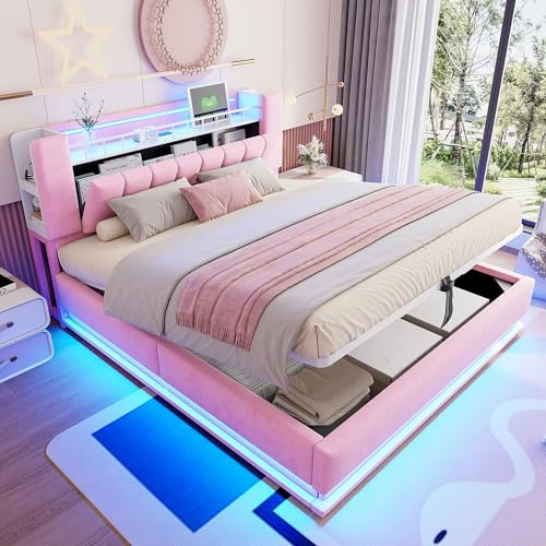 Aunvla Smart klädselsäng 180 x 200 cm med LED-belysning, USB- och hydrauliskt förvaringsutrymme, mjukt sammetsskydd och metallram rosa