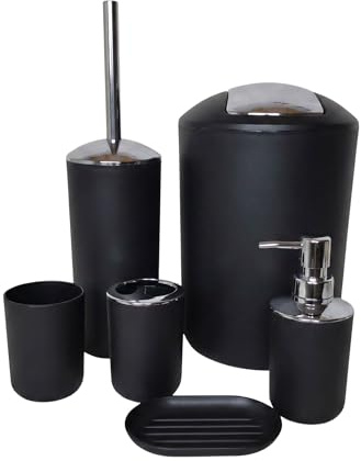 G.mütlich Badezimmer Set 6-teilig, Badaccessoires Komplettset Kunststoff, WC Garnitur mit Klobürste, Mülleimer, Zahnputzbecher, Seifenspender & Schale, Bad Zubehör Deko (Schwarz)