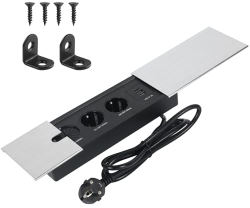 Sänkbart uttag med USB-C, inbyggt uttag, 2 fack med skjutlock och kabelgenomföring, sänkbart grenuttag bordsuttag för skrivbord kök kontor (borstat silver)
