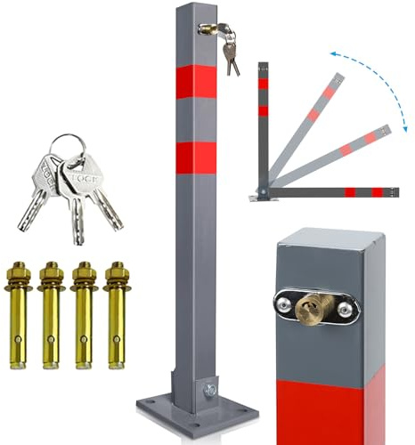 Monucep 1 pièce poteau de parking pliable et verrouillable pour parking privé et place de stationnement, avec 3 clés et bandes d'avertissement réfléchissantes, pour protéger contre le stationnement