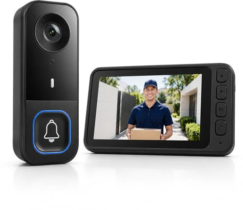 Sonnette Sans Fil Exterieur Etanche Angle 120° Sans WiFi ni App, Visiophone Sans Fil avec Camera Audio Bidirectionnel Vision Nocturne, Interphone Video Sans Fil Ecran 4,5 IPS, Batterie Longue Duree