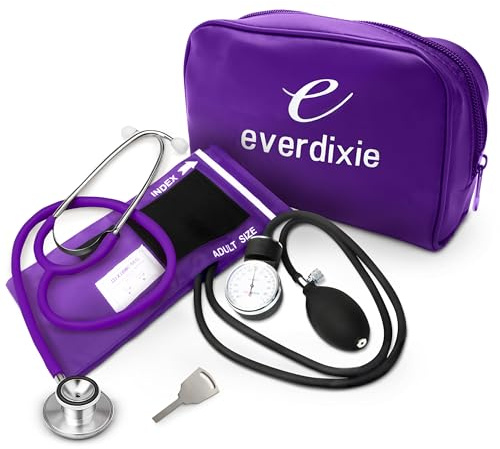 Dixie EMS Aneroid Sphygmomanometer and Dual Head Stethoscope Set with Adult Size Blood Pressure Cuff, Calibration Key and Carrying Case – Purple