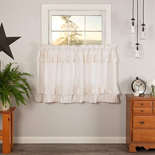 VHC Brands Simple Life Flax Antique White Farmhouse 36x36 Tier Pair Rod Pocket Cotton Linen Blend Solid Color Hanging Loops Kitchen Window Curtains