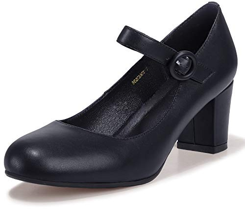 IDIFU Women's Candy Dress Mary Jane Shoes Low Block Heels Closed Round Toe Office Work Church Wedding Pumps(Black Pu, 7)