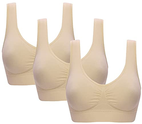 Jamron Dam 3 Pack Sömlös Trådlös Komfort Vardagliga Bralettes Sport Yoga Sömn BH med Avtagbara Kuddar Beige + Beige + Beige XL