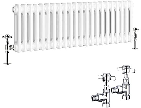 NRG Traditional Radiator 300 x 1010mm Horizontal Cast Iron Radiators Central Heating Gloss White Double Column with Angled Pair of Valves