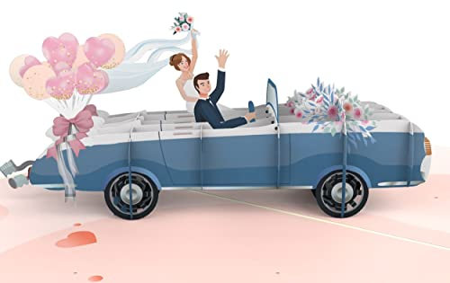 MOKIO® Pop-Up Hochzeitskarte – Brautpaar im Hochzeitsauto – 3D Geschenkkarte zur Hochzeit, Glückwunschkarte zur Trauung, Geldgeschenk für Flitterwochen oder Hochzeitsreise