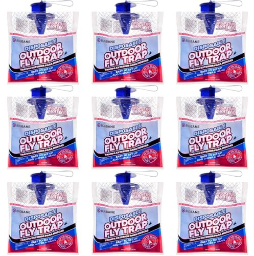 Fly Traps Outdoor Fly Trap for Patio. 9 Non-Toxic Pre-Baited Flies Bags Outdoor Disposable. Hanging Bug Catchers for All Filth Flies Killer for Outside Bug Control in Yard Horse Ranch Trash Can.