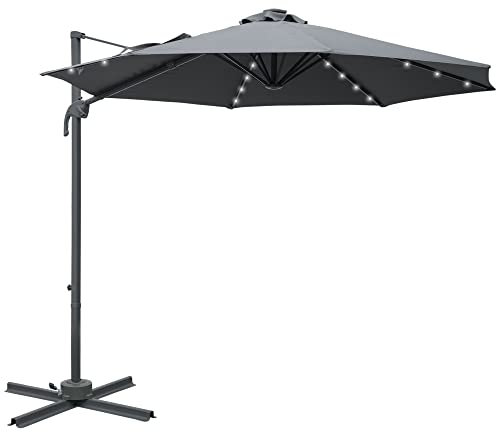 Outsunny 3(m) Cantilever Roma Parasol Patio Sun Umbrella with Crank & Tilt LED Solar Light Cross Base 360° Rotating Outdoor, Dark Grey