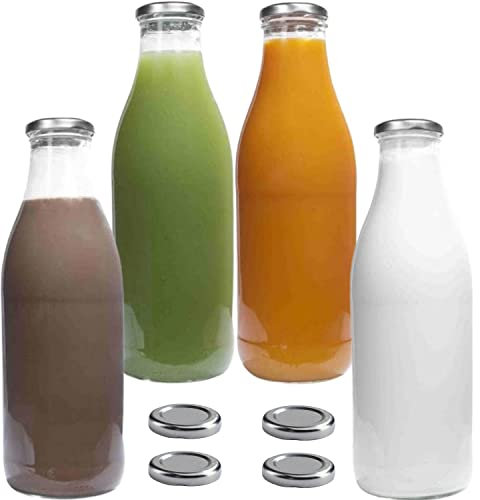 Lot de 4 bouteilles en verre 1000 ml avec 8 couvercles argentés avec étiquettes