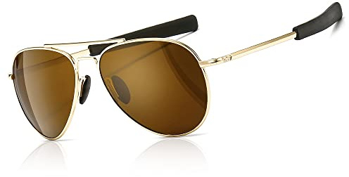 SUNGAIT Lunettes de soleil pilote pour hommes Polarisées Style militaire 100% Protection UV400 (Monture dorée/lentille marron) SGT288-JC-FR
