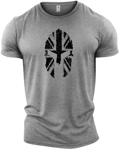 GYMTIER Spartan Helmet UK Flag Men's Gym T-Shirt Bodybuilding Training Workout Lifting Top Clothing, Sport Grey, XL