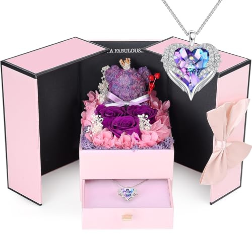 ELEUTH Rosa Eterna con Oso de Musgo,Rosa Eterna Natural Preservada con Collar Regalos Originales para Mujer Mama Novia Caja Regalo San Valentin,Dia de la Madre,Aniversario,Cumpleaños,Navidad