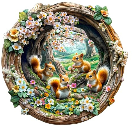 Puzzle en Bois Adulte 3D Printemps écureuil - Puzzle en Bois de 300 pièces - Boîte Cadeau, décoration Murale et Cadeau pour Les Amis et la Famille