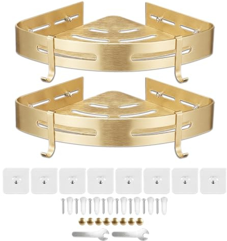 SPARES2GO Estante esquinero de lujo para ducha, organizador para baño, cocina y dormitorio (oro cepillado, paquete de 2)
