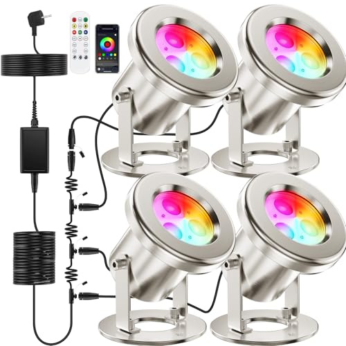 OSREE All-in-One Luci per Laghetto RGB con Cavo 15,5M, Acciaio Inossidabile SS316 Faretti per Laghetto con APP, Luci Laghetto Espandibile Immersione per Fontana, Laghetto, Cascata, Ruscello, 4er-Pack