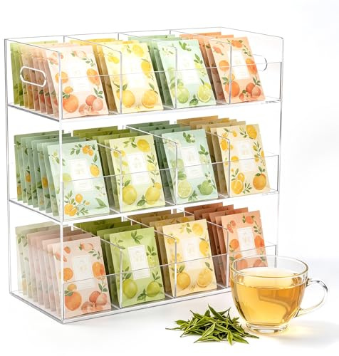 Organizador Bolsitas Té en Acrílico, Caja Té 12 Compartimentos para 216 Bolsitas Soporte Transparente para Almacenamiento Té para Armarios Cocina, Encimeras y Despensa